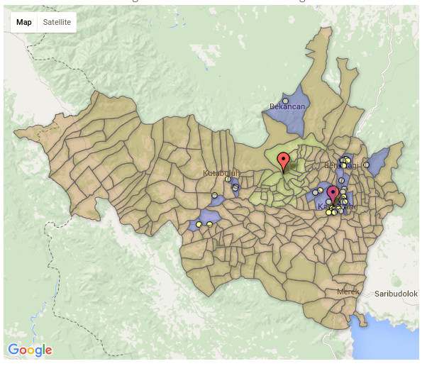 Peta sebaran desa yang mengungsi dalam Bencana Sinabung