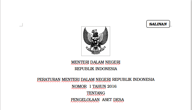PERATURAN MENTERI DALAM NEGERI REPUBLIK INDONESIA NOMOR 1 TAHUN 2016 TENTANG PENGELOLAAN ASET DESA
