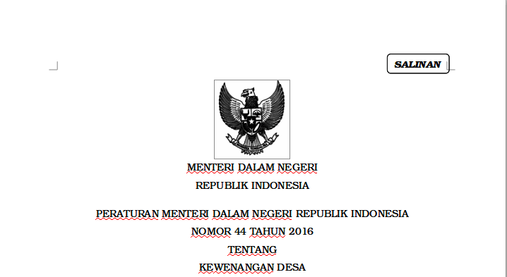 PERATURAN MENTERI DALAM NEGERI REPUBLIK INDONESIA NOMOR 44 TAHUN 2016 TENTANG KEWENANGAN DESA