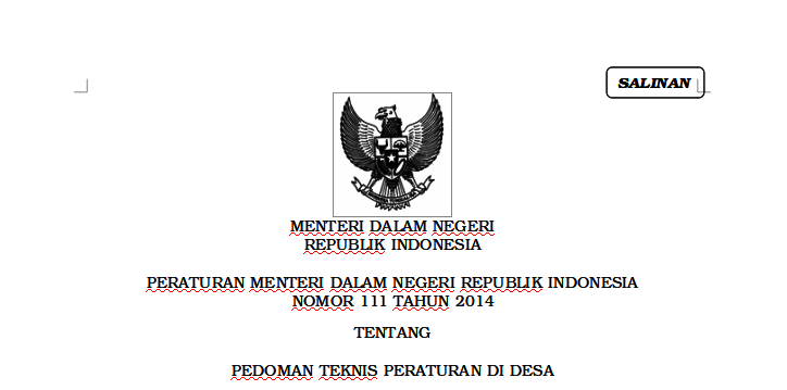 PERATURAN MENTERI DALAM NEGERI REPUBLIK INDONESIA NOMOR 111 TAHUN 2014 TENTANG PEDOMAN TEKNIS PERATURAN DI DESA
