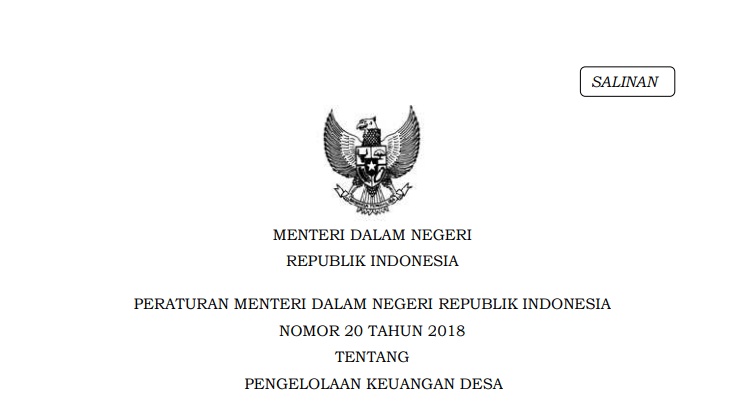 Peraturan Menteri Dalam Negeri Republik Indonesia Nomor 20 Tahun 2018 Tentang Pengelolaan Keuangan Desa