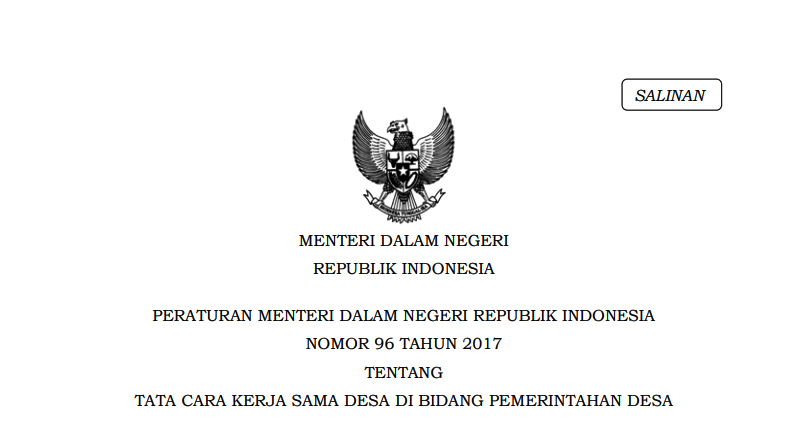 Peraturan Menteri Dalam Negeri Republik Indonesia Nomor 96 Tahun 2017 Tentang Tata Cara Kerja Sama Desa Di Bidang Pemerintahan Desa