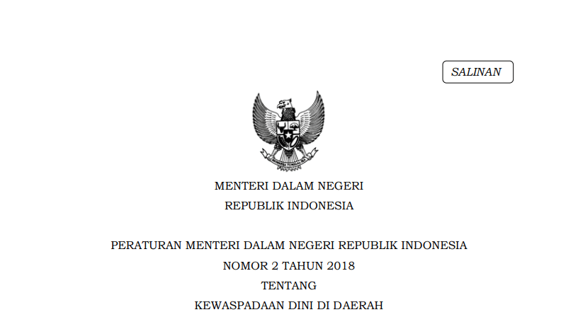 Peraturan Menteri Dalam Negeri Republik Indonesia Nomor 2 Tahun 2018 Tentang Kewaspadaan Dini Di Daerah